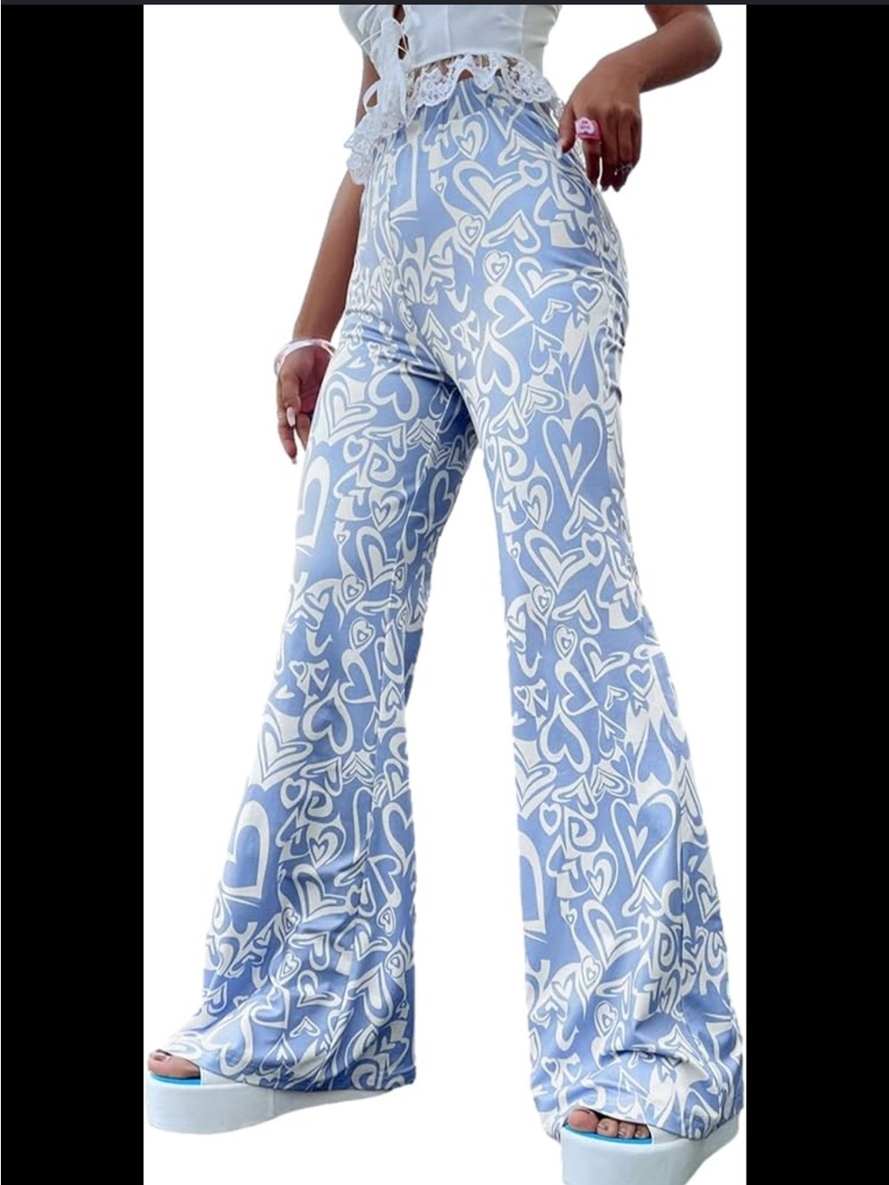 Light Blue Heart-Print Flare Pants